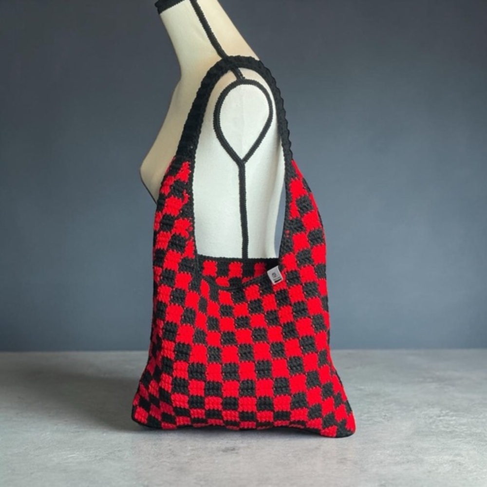 Handmade Red & Black Checker Checkerboard Crochet Shoulder Tote Bag